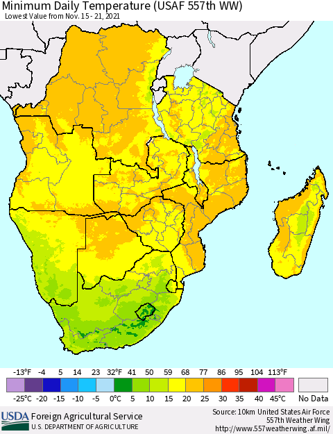 Southern Africa Minimum Daily Temperature (USAF 557th WW) Thematic Map For 11/15/2021 - 11/21/2021