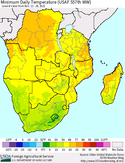 Southern Africa Minimum Daily Temperature (USAF 557th WW) Thematic Map For 11/22/2021 - 11/28/2021