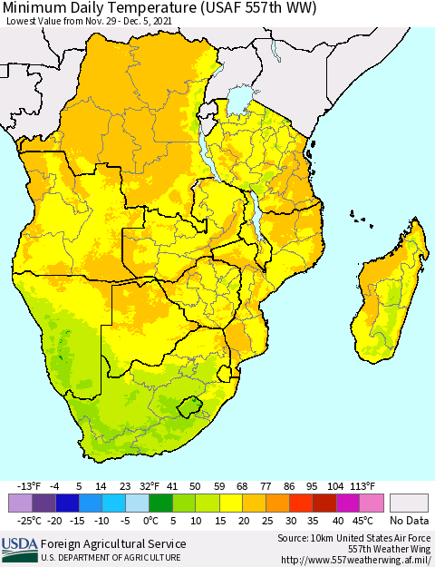 Southern Africa Minimum Daily Temperature (USAF 557th WW) Thematic Map For 11/29/2021 - 12/5/2021