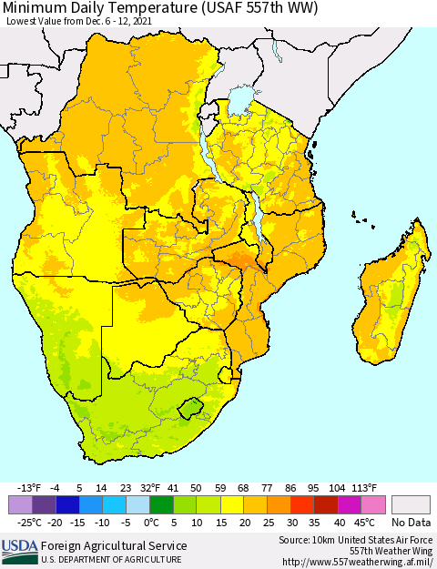 Southern Africa Minimum Daily Temperature (USAF 557th WW) Thematic Map For 12/6/2021 - 12/12/2021