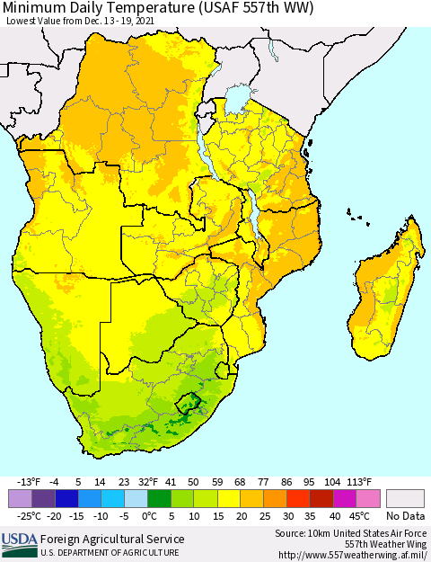 Southern Africa Minimum Daily Temperature (USAF 557th WW) Thematic Map For 12/13/2021 - 12/19/2021