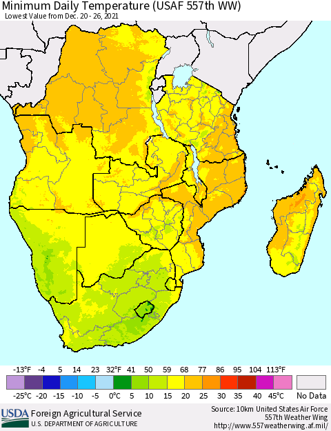 Southern Africa Minimum Daily Temperature (USAF 557th WW) Thematic Map For 12/20/2021 - 12/26/2021
