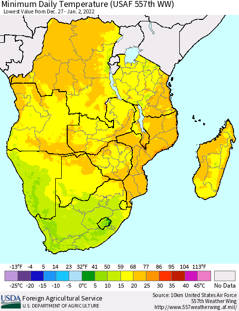 Southern Africa Minimum Daily Temperature (USAF 557th WW) Thematic Map For 12/27/2021 - 1/2/2022