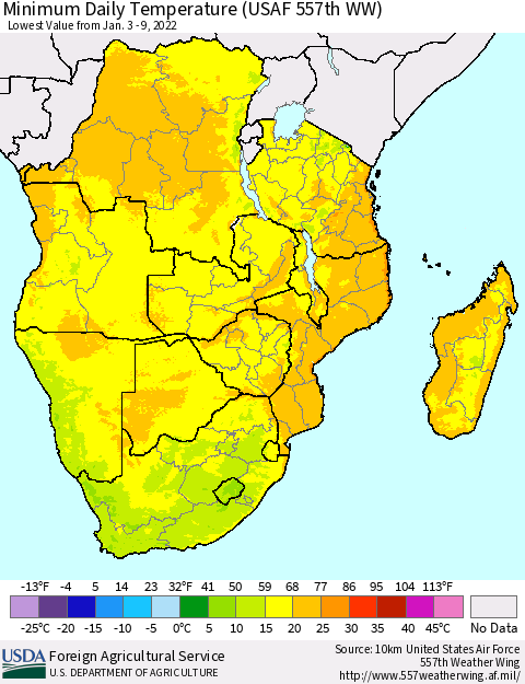 Southern Africa Minimum Daily Temperature (USAF 557th WW) Thematic Map For 1/3/2022 - 1/9/2022