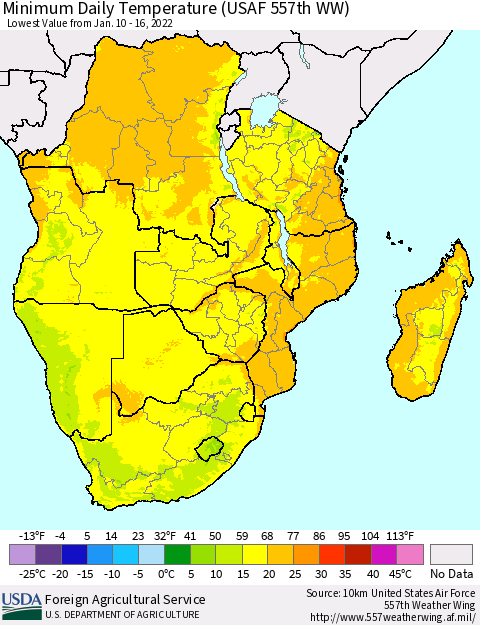 Southern Africa Minimum Daily Temperature (USAF 557th WW) Thematic Map For 1/10/2022 - 1/16/2022