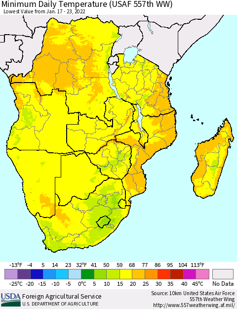 Southern Africa Minimum Daily Temperature (USAF 557th WW) Thematic Map For 1/17/2022 - 1/23/2022