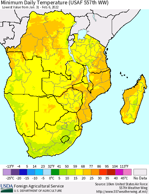 Southern Africa Minimum Daily Temperature (USAF 557th WW) Thematic Map For 1/31/2022 - 2/6/2022