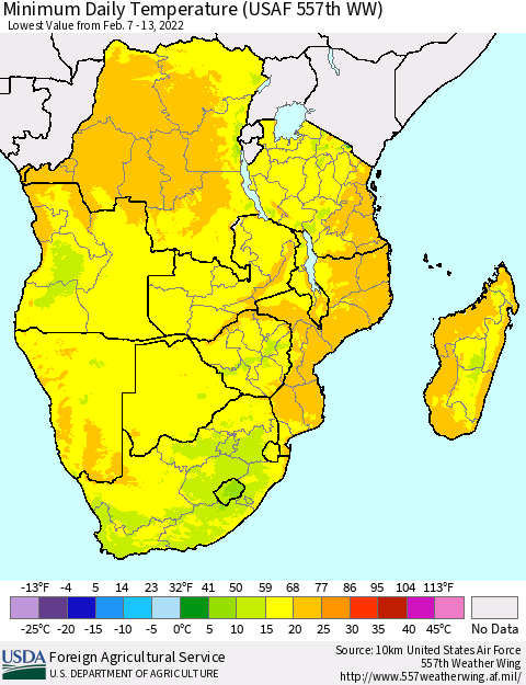 Southern Africa Minimum Daily Temperature (USAF 557th WW) Thematic Map For 2/7/2022 - 2/13/2022