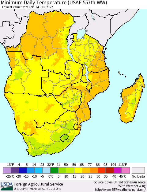 Southern Africa Minimum Daily Temperature (USAF 557th WW) Thematic Map For 2/14/2022 - 2/20/2022