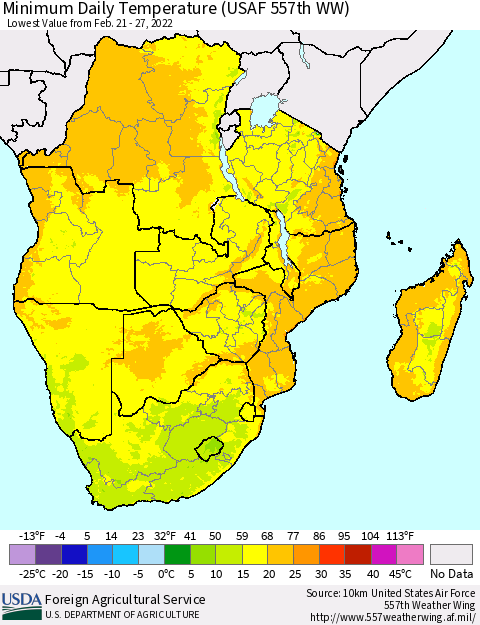 Southern Africa Minimum Daily Temperature (USAF 557th WW) Thematic Map For 2/21/2022 - 2/27/2022
