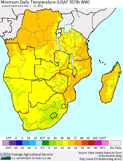 Southern Africa Minimum Daily Temperature (USAF 557th WW) Thematic Map For 3/7/2022 - 3/13/2022