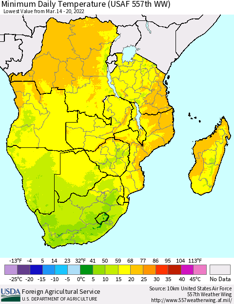 Southern Africa Minimum Daily Temperature (USAF 557th WW) Thematic Map For 3/14/2022 - 3/20/2022