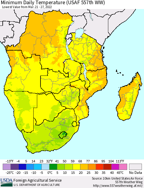 Southern Africa Minimum Daily Temperature (USAF 557th WW) Thematic Map For 3/21/2022 - 3/27/2022