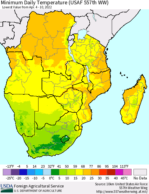 Southern Africa Minimum Daily Temperature (USAF 557th WW) Thematic Map For 4/4/2022 - 4/10/2022
