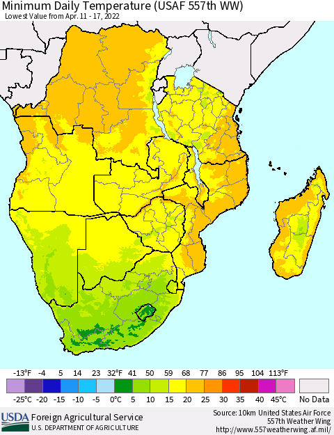 Southern Africa Minimum Daily Temperature (USAF 557th WW) Thematic Map For 4/11/2022 - 4/17/2022