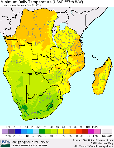 Southern Africa Minimum Daily Temperature (USAF 557th WW) Thematic Map For 4/18/2022 - 4/24/2022