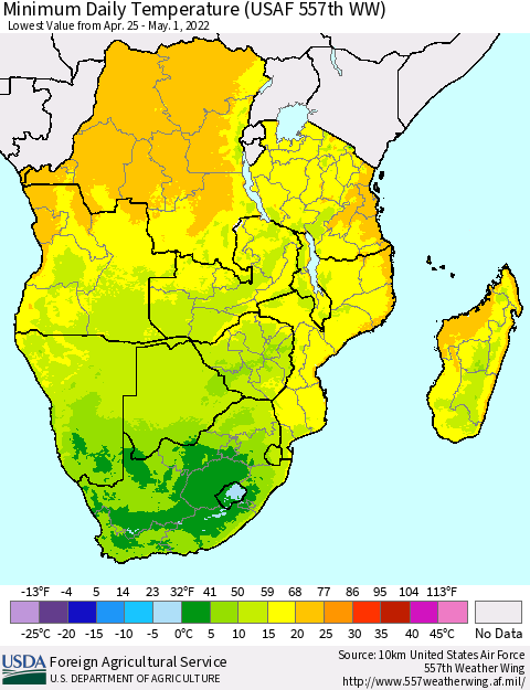 Southern Africa Minimum Daily Temperature (USAF 557th WW) Thematic Map For 4/25/2022 - 5/1/2022