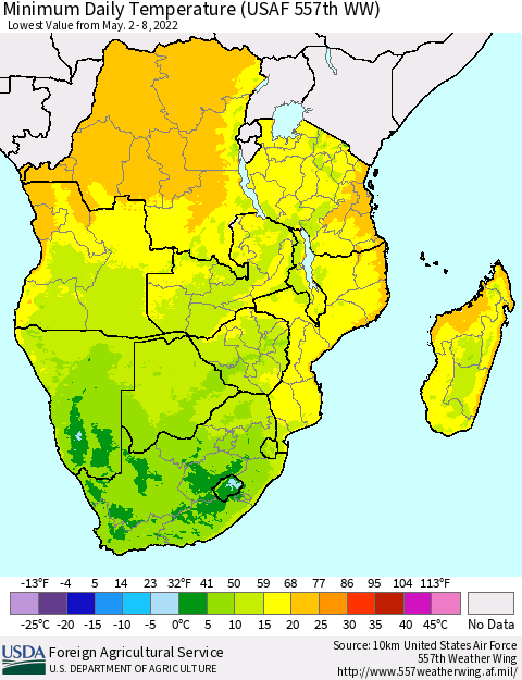 Southern Africa Minimum Daily Temperature (USAF 557th WW) Thematic Map For 5/2/2022 - 5/8/2022
