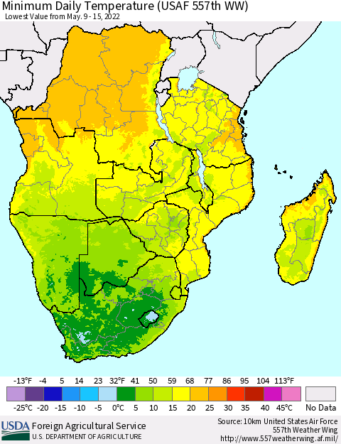 Southern Africa Minimum Daily Temperature (USAF 557th WW) Thematic Map For 5/9/2022 - 5/15/2022