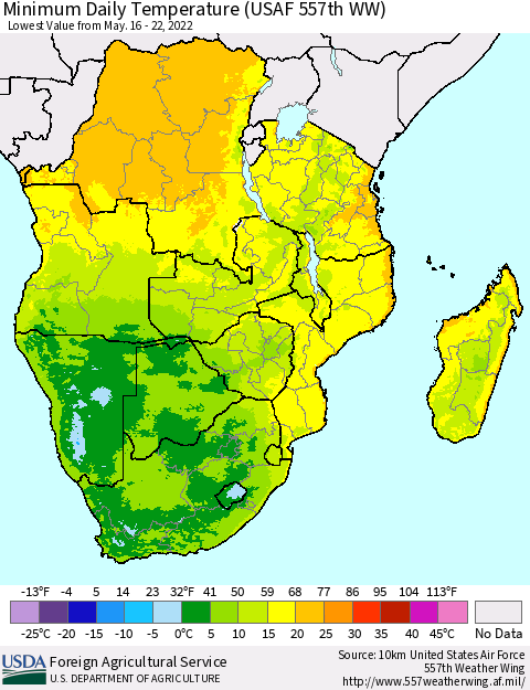 Southern Africa Minimum Daily Temperature (USAF 557th WW) Thematic Map For 5/16/2022 - 5/22/2022
