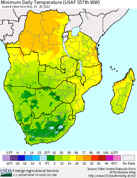 Southern Africa Minimum Daily Temperature (USAF 557th WW) Thematic Map For 5/23/2022 - 5/29/2022