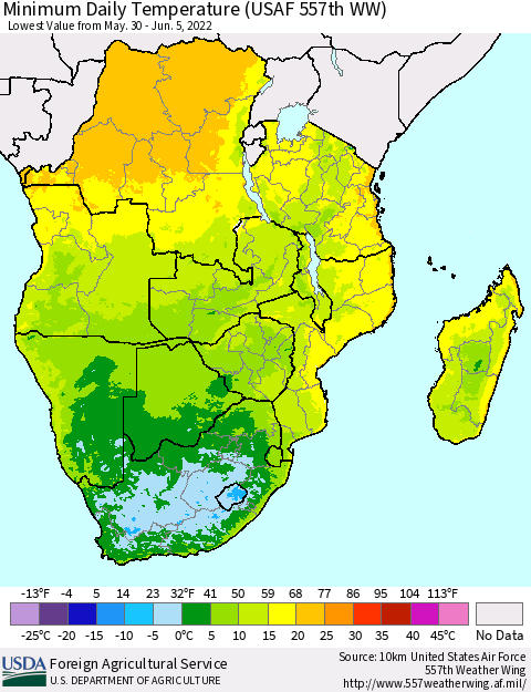 Southern Africa Minimum Daily Temperature (USAF 557th WW) Thematic Map For 5/30/2022 - 6/5/2022
