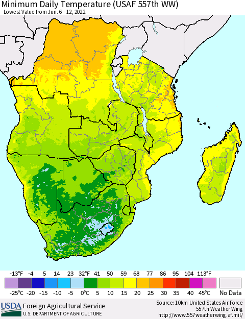 Southern Africa Minimum Daily Temperature (USAF 557th WW) Thematic Map For 6/6/2022 - 6/12/2022
