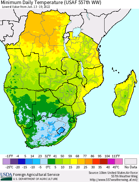 Southern Africa Minimum Daily Temperature (USAF 557th WW) Thematic Map For 6/13/2022 - 6/19/2022