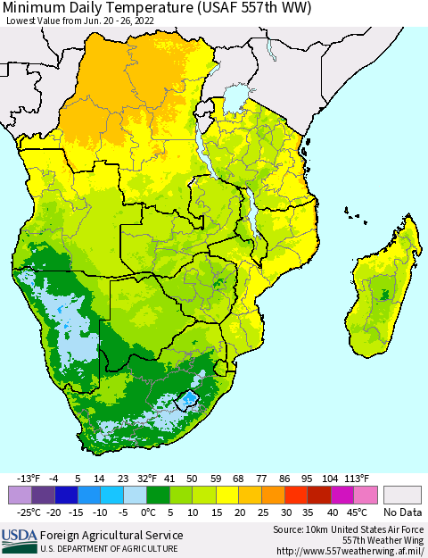 Southern Africa Minimum Daily Temperature (USAF 557th WW) Thematic Map For 6/20/2022 - 6/26/2022