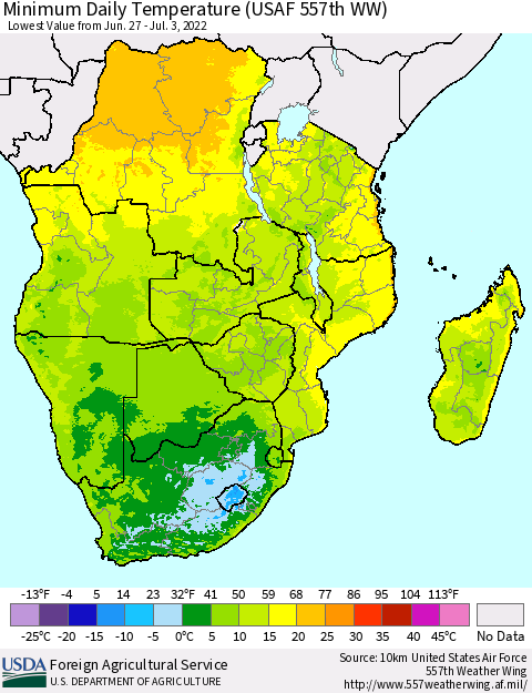Southern Africa Minimum Daily Temperature (USAF 557th WW) Thematic Map For 6/27/2022 - 7/3/2022