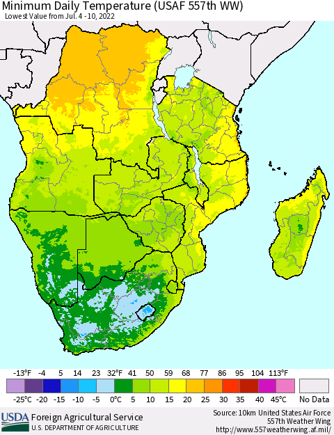 Southern Africa Minimum Daily Temperature (USAF 557th WW) Thematic Map For 7/4/2022 - 7/10/2022