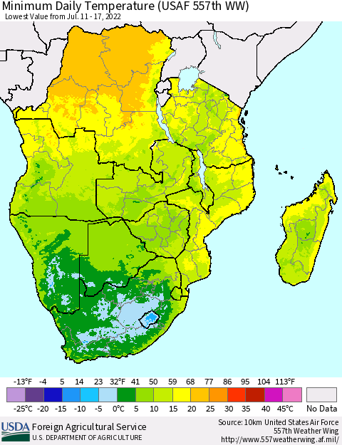 Southern Africa Minimum Daily Temperature (USAF 557th WW) Thematic Map For 7/11/2022 - 7/17/2022
