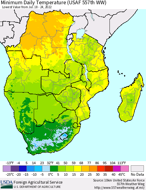 Southern Africa Minimum Daily Temperature (USAF 557th WW) Thematic Map For 7/18/2022 - 7/24/2022