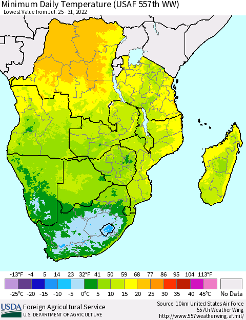Southern Africa Minimum Daily Temperature (USAF 557th WW) Thematic Map For 7/25/2022 - 7/31/2022