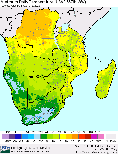 Southern Africa Minimum Daily Temperature (USAF 557th WW) Thematic Map For 8/1/2022 - 8/7/2022