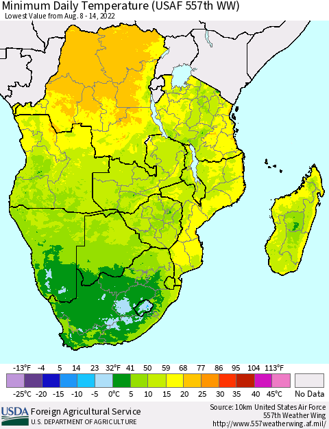 Southern Africa Minimum Daily Temperature (USAF 557th WW) Thematic Map For 8/8/2022 - 8/14/2022