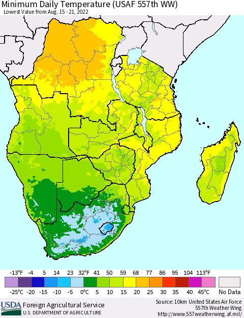 Southern Africa Minimum Daily Temperature (USAF 557th WW) Thematic Map For 8/15/2022 - 8/21/2022