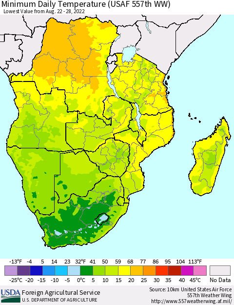 Southern Africa Minimum Daily Temperature (USAF 557th WW) Thematic Map For 8/22/2022 - 8/28/2022