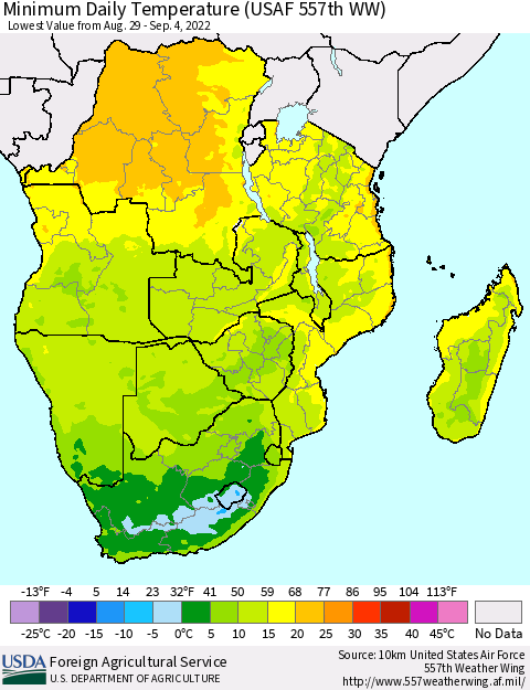 Southern Africa Minimum Daily Temperature (USAF 557th WW) Thematic Map For 8/29/2022 - 9/4/2022