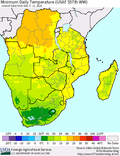 Southern Africa Minimum Daily Temperature (USAF 557th WW) Thematic Map For 9/5/2022 - 9/11/2022