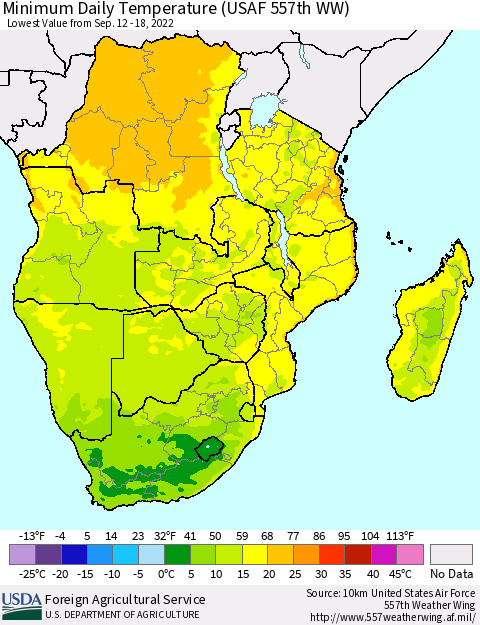Southern Africa Minimum Daily Temperature (USAF 557th WW) Thematic Map For 9/12/2022 - 9/18/2022