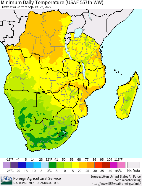 Southern Africa Minimum Daily Temperature (USAF 557th WW) Thematic Map For 9/19/2022 - 9/25/2022