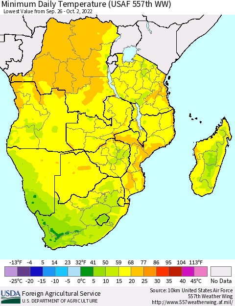 Southern Africa Minimum Daily Temperature (USAF 557th WW) Thematic Map For 9/26/2022 - 10/2/2022