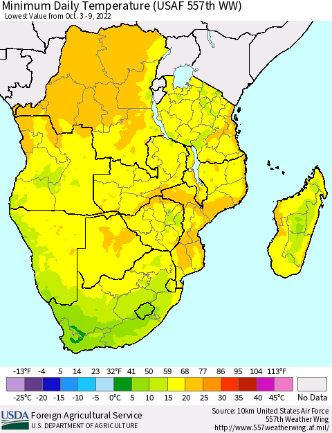 Southern Africa Minimum Daily Temperature (USAF 557th WW) Thematic Map For 10/3/2022 - 10/9/2022
