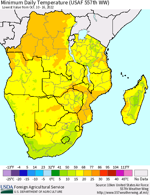 Southern Africa Minimum Daily Temperature (USAF 557th WW) Thematic Map For 10/10/2022 - 10/16/2022