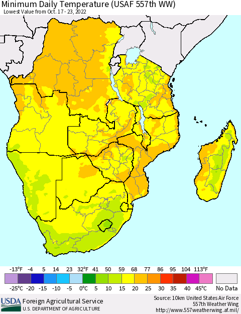 Southern Africa Minimum Daily Temperature (USAF 557th WW) Thematic Map For 10/17/2022 - 10/23/2022