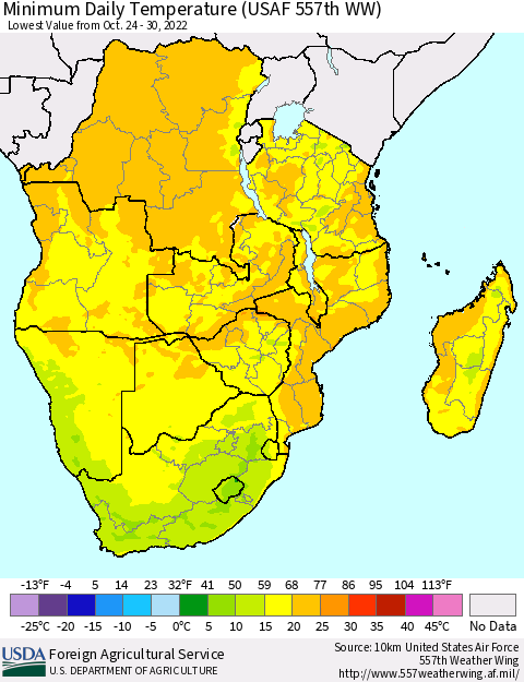 Southern Africa Minimum Daily Temperature (USAF 557th WW) Thematic Map For 10/24/2022 - 10/30/2022