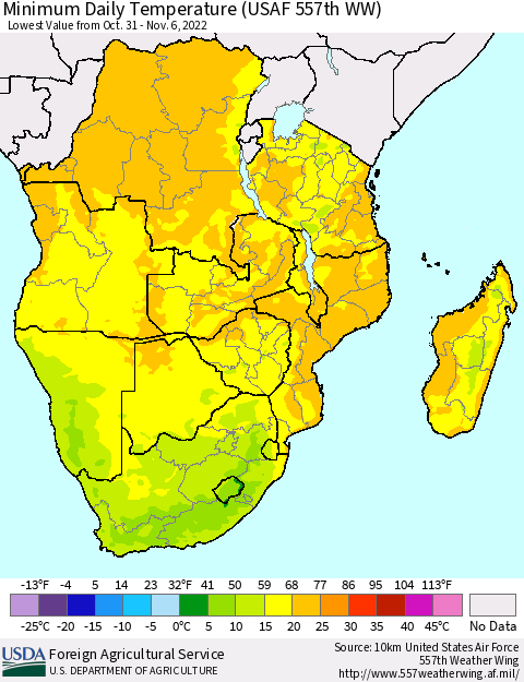 Southern Africa Minimum Daily Temperature (USAF 557th WW) Thematic Map For 10/31/2022 - 11/6/2022
