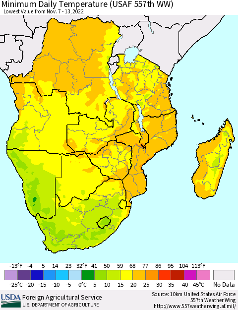 Southern Africa Minimum Daily Temperature (USAF 557th WW) Thematic Map For 11/7/2022 - 11/13/2022