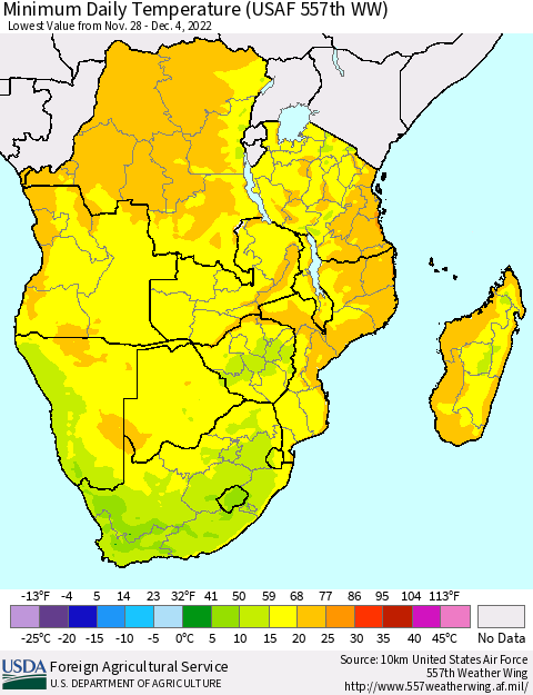 Southern Africa Minimum Daily Temperature (USAF 557th WW) Thematic Map For 11/28/2022 - 12/4/2022